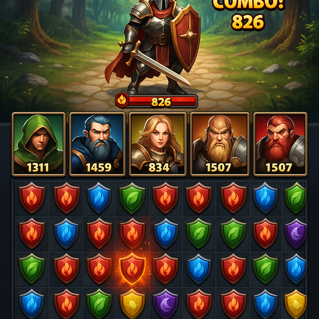 Puzzles Crusade match-3 combat interface with NFT rewards panel, showcasing Solana play-to-earn mechanics in 2025